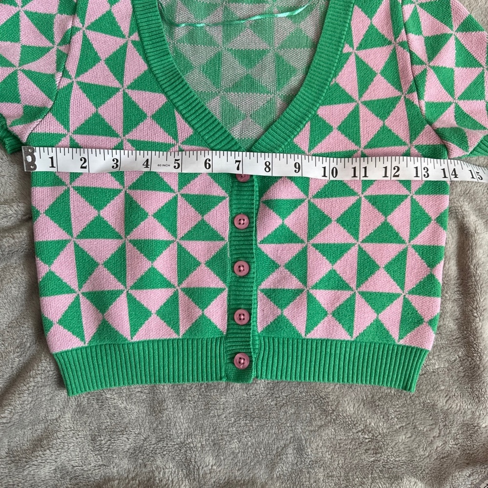 Bluenotes Pink Green Geometric Crop Cardigan Small Preppy Retro Y2K Dopamine - Picture 3 of 5